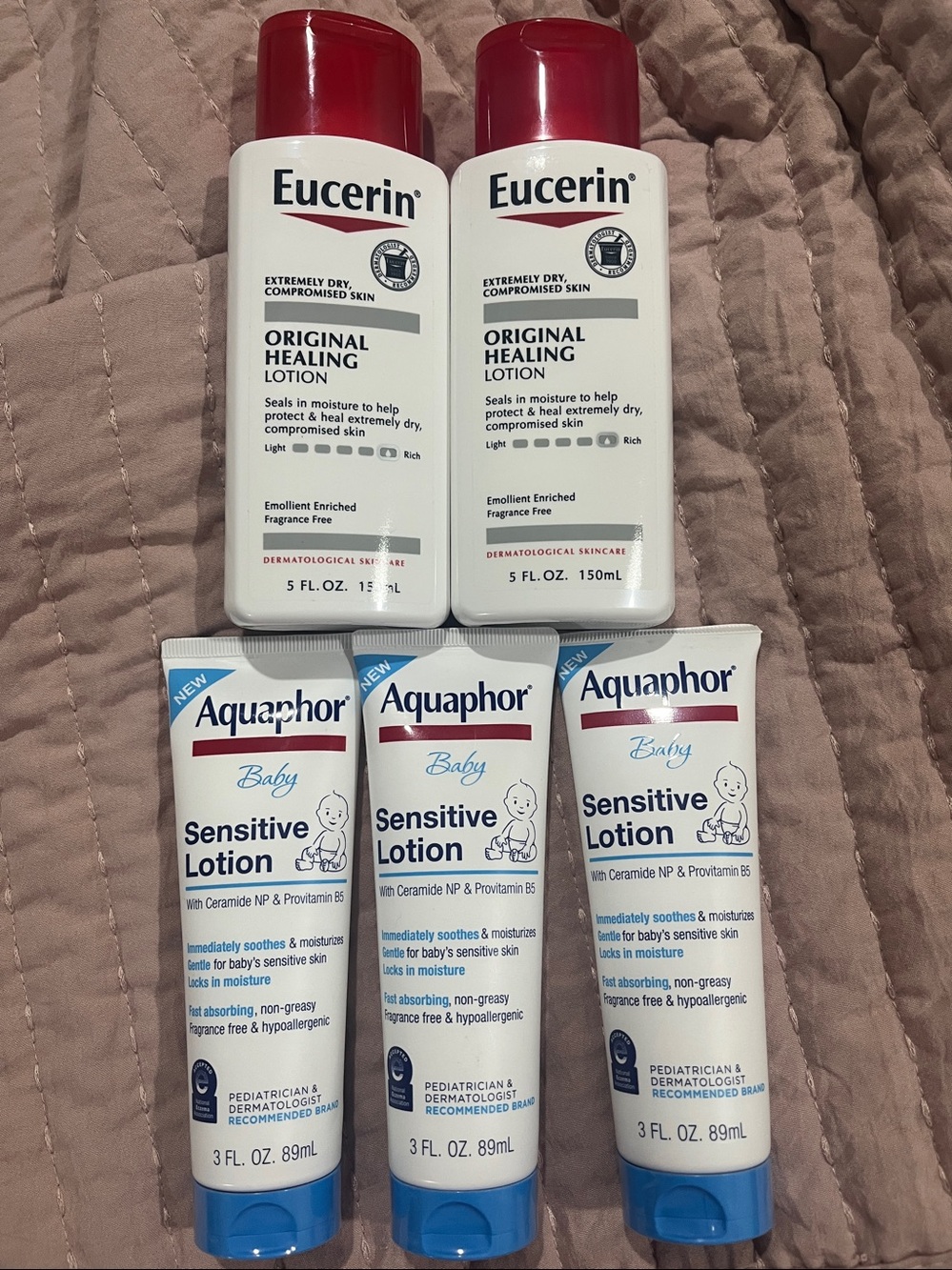 Eucerin Original Healing Lotion & Aquaphor Baby Sensitive Lotion NEW Lot of 5